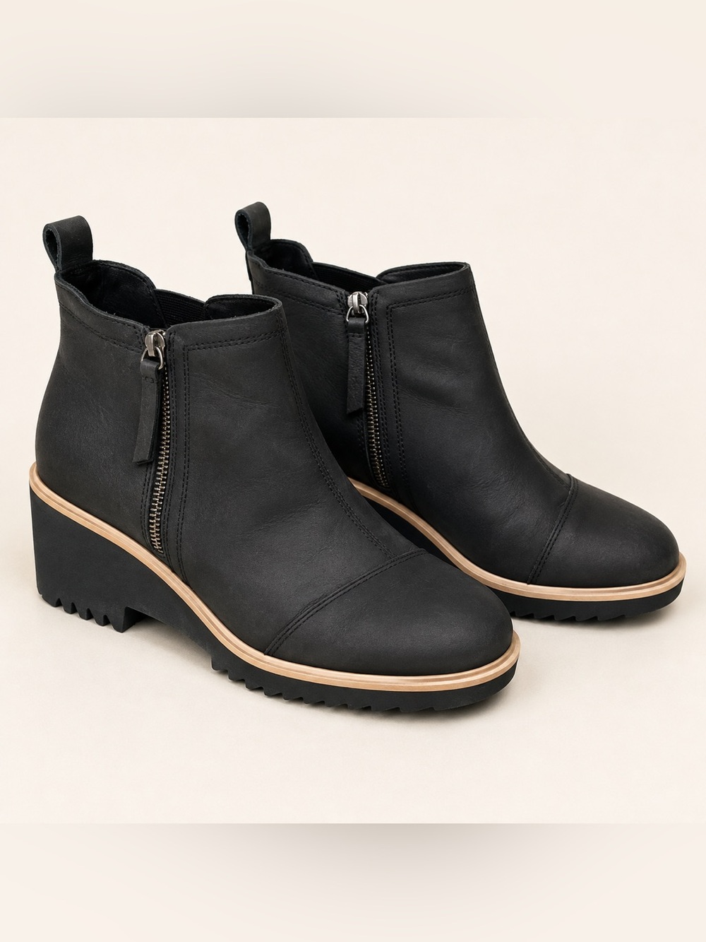 TOMS • Maude Wedge Booties • Black Leather Side Zip Lug Sole • Size 8.5